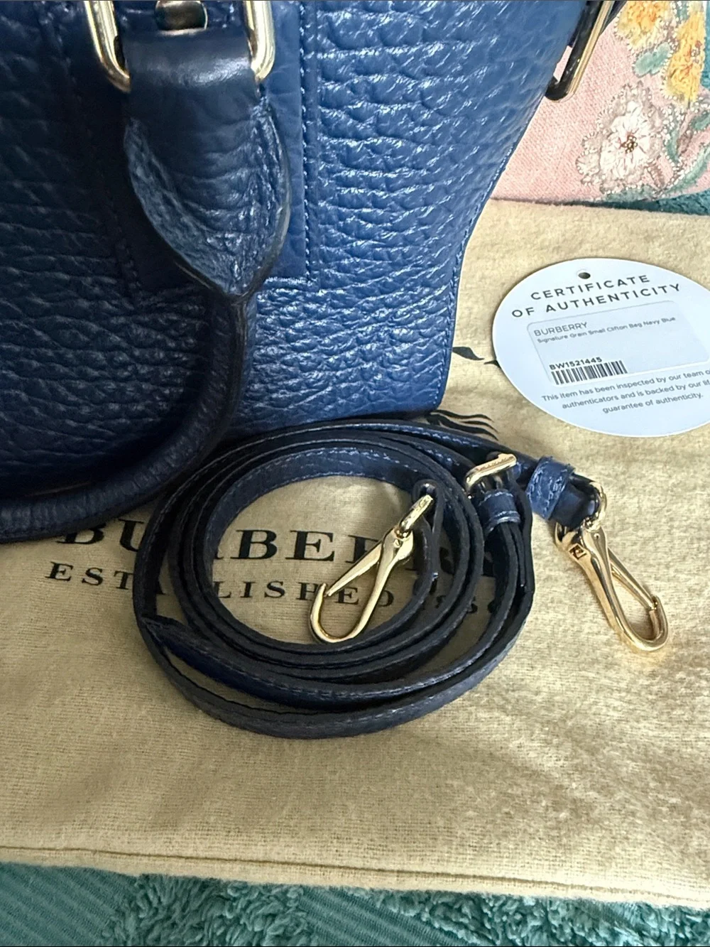 Burberry Navy Textured Leather Mini Satchel with Gold Hardware